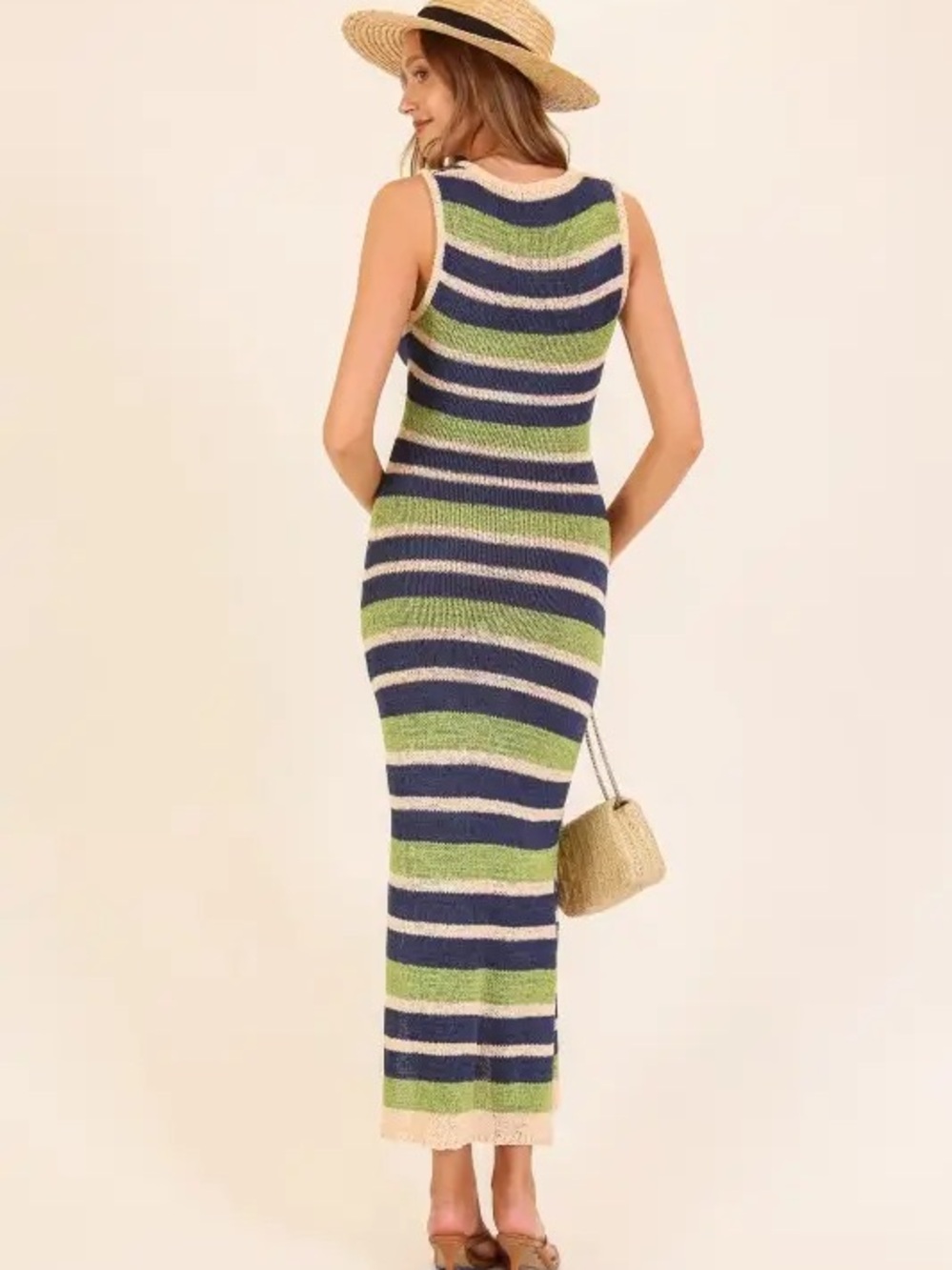 P-006 Lumiere Sleeveless Striped Maxi Dress in Navy, Green & Cream